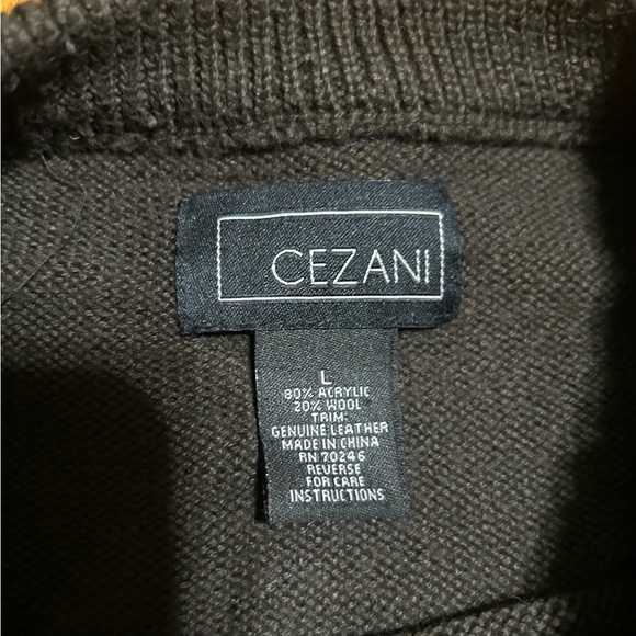 CEZANI Crew Neck Brown Wool Blend Sweater Shoulder Elbow Leather Patches Sz L - Picture 3 of 8